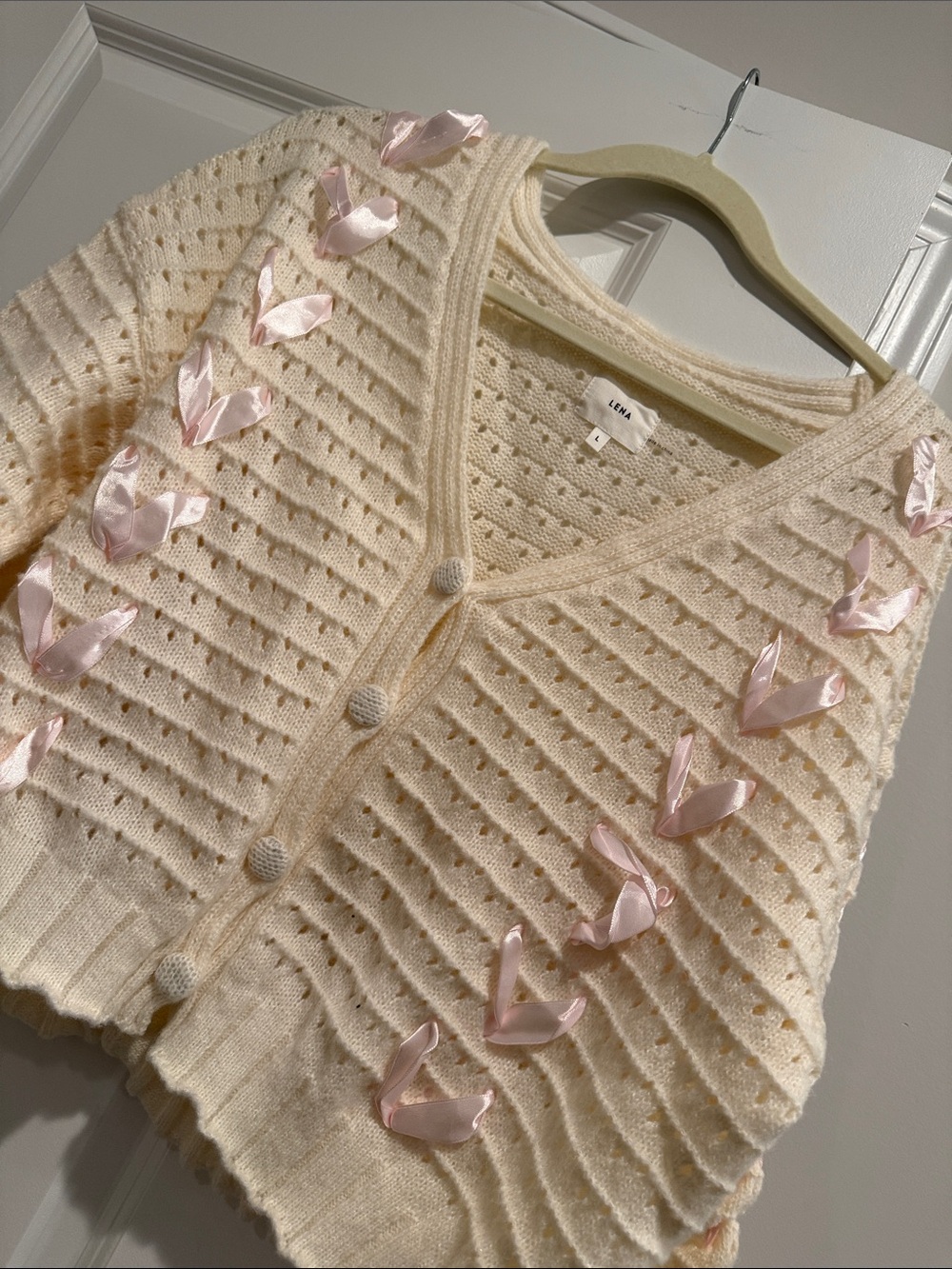 Lena Cream V-Neck Knit Cardigan with Pink Ribbon Details